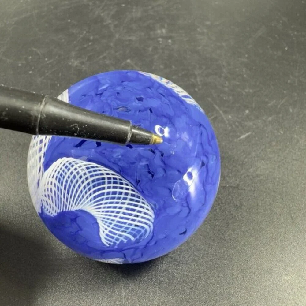 Murano Art Glass Paperweight Orb Cobalt Blue White Cane Venetian Italy Glass VTG